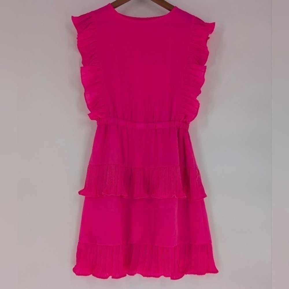 Jess Lea Hot Pink Tiered Ruffle Mini Dress Sleeveless Pleated Trim Small - Picture 2 of 10